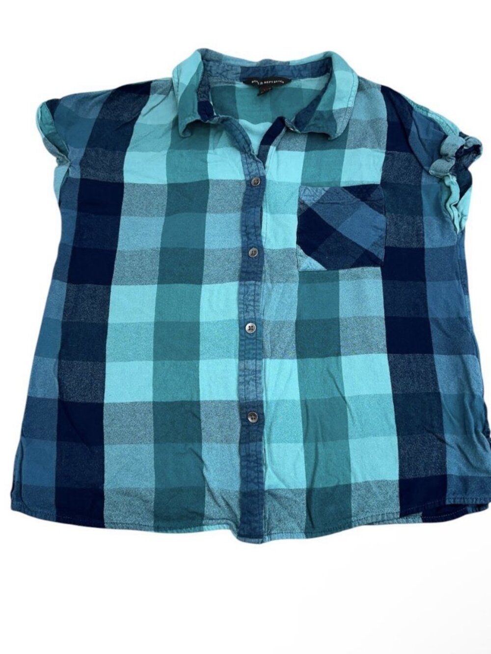 Women’s Rock & Republic Button Down Shirt Short Sleeve Blue Plaid Size Xs